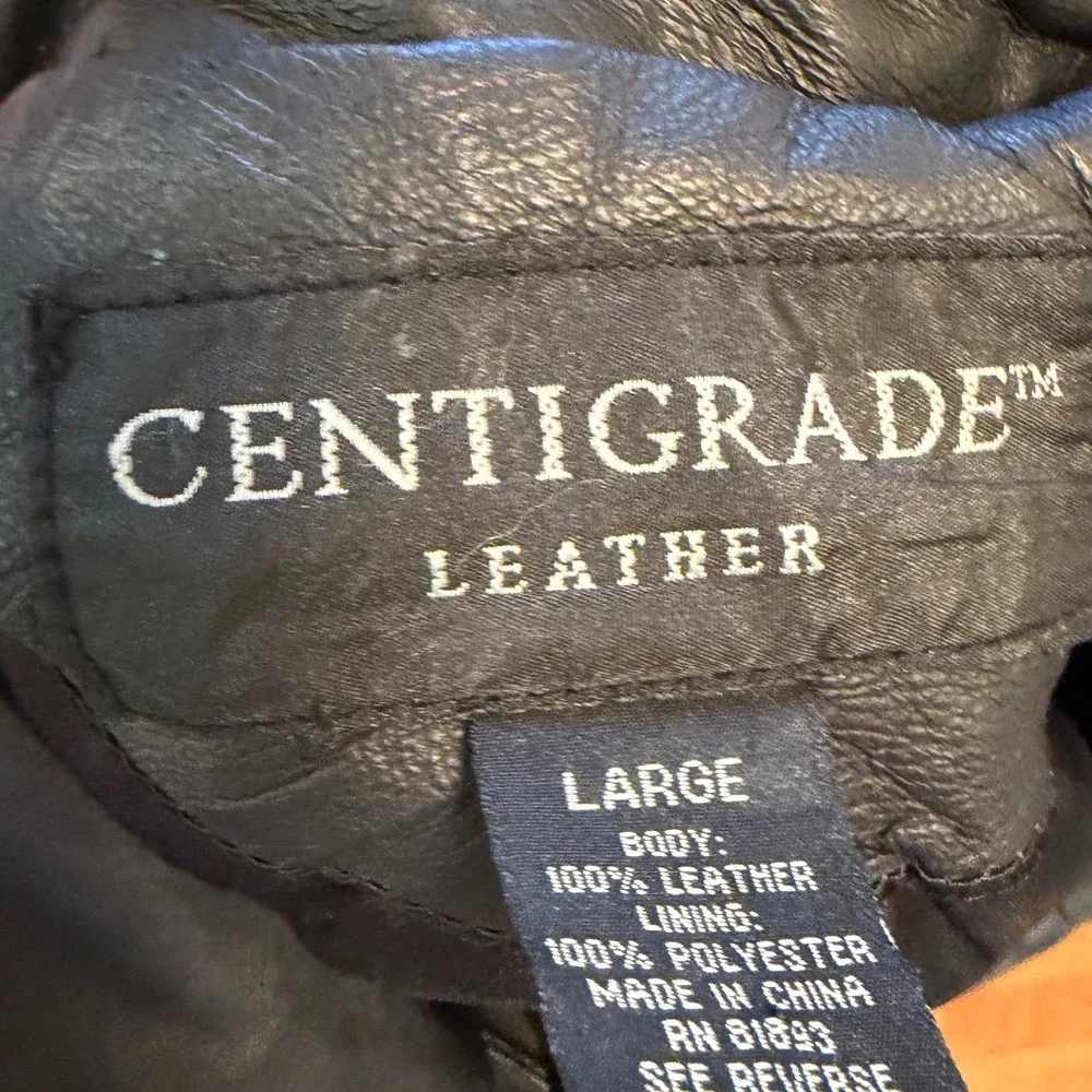 Centigrade Black Leather Car Coat Womens Button Front Mid Length Jacket VTG sz L